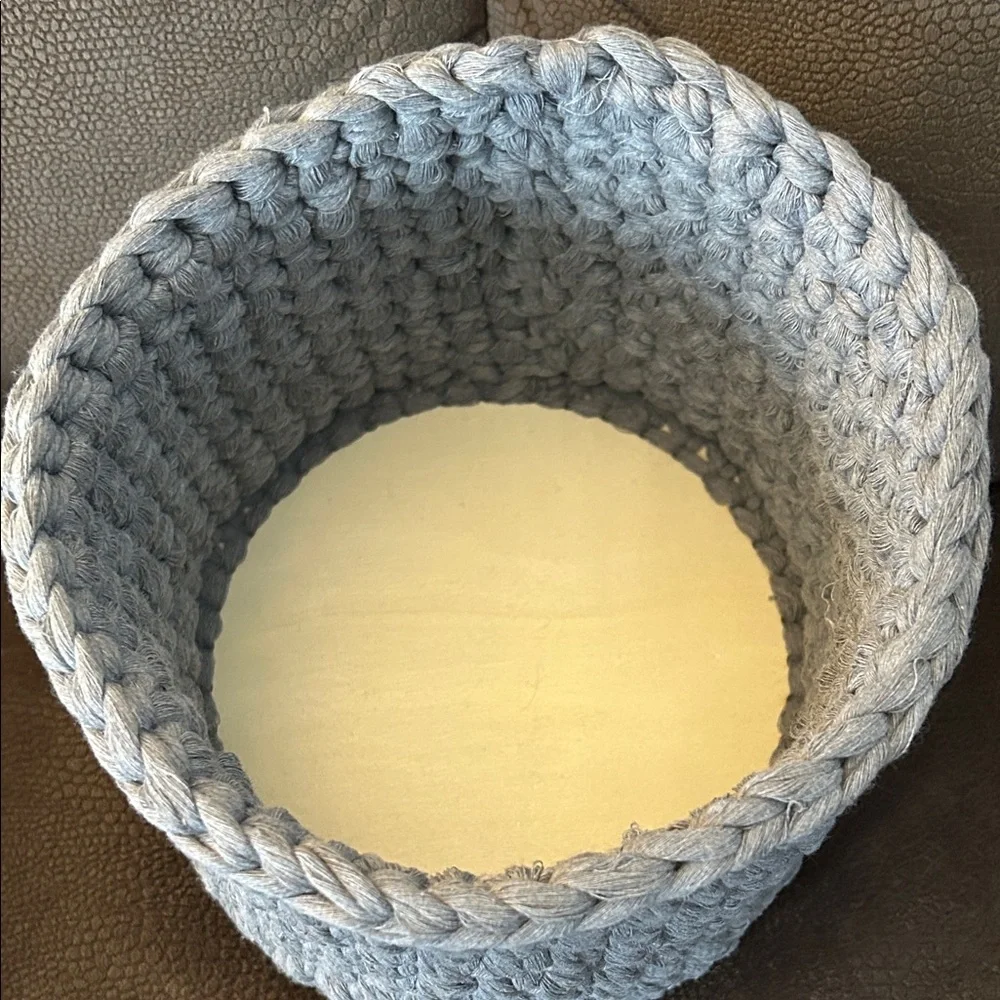 Handmade Gray Crocheted Basket with Tan Wooden bottom